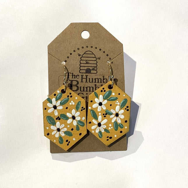 Mustard daisy hexagon earrings
