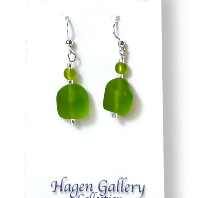 Tumbled Glass Earrings - Green Nugget