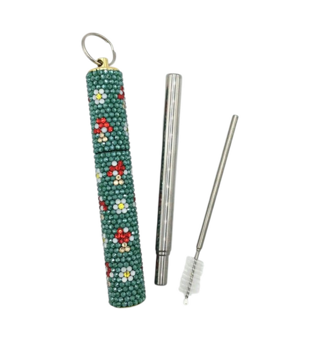 Mushroom and Daisy Rhinestone Stainless Steel Travel Straw