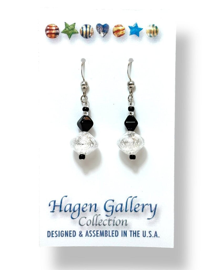 Venetian Glass Earrings - Double Bicone - black & white/silver