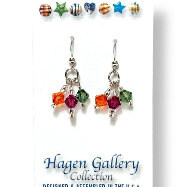 Swarovski Crystal Earrings - triple - green, yellow fuchsia