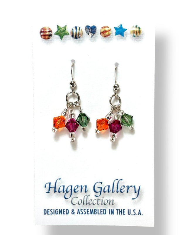 Swarovski Crystal Earrings - triple - green, yellow fuchsia