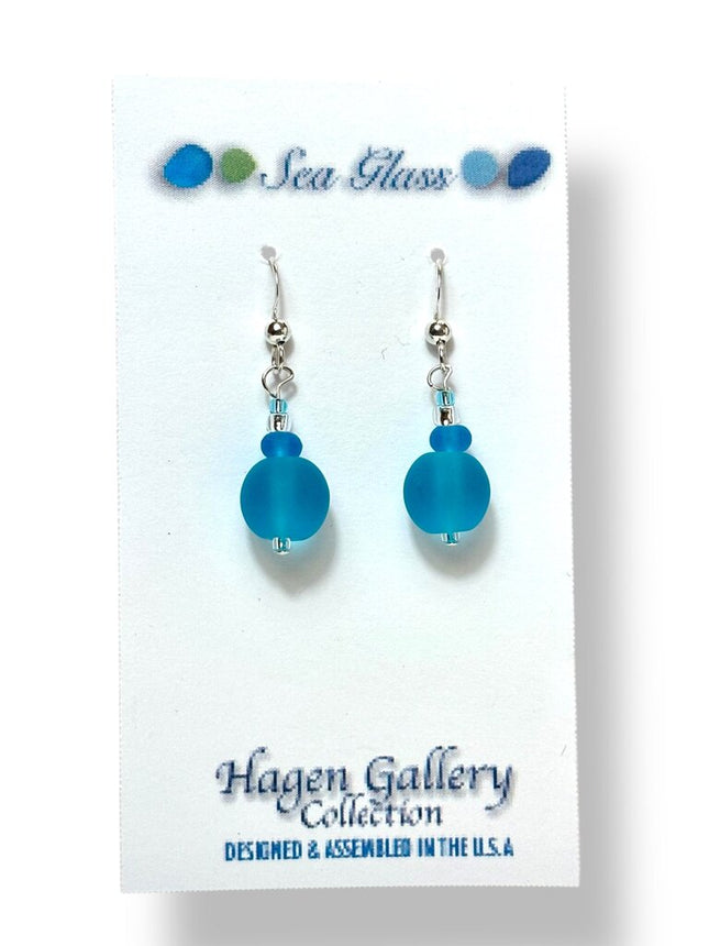Tumbled Glass Earrings - Round - Aqua
