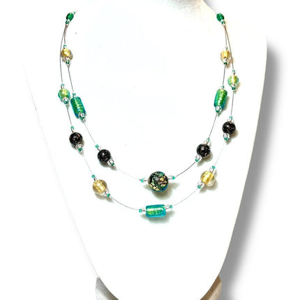 Venetian Glass Necklace - Double - black, gold, copper, seafoam