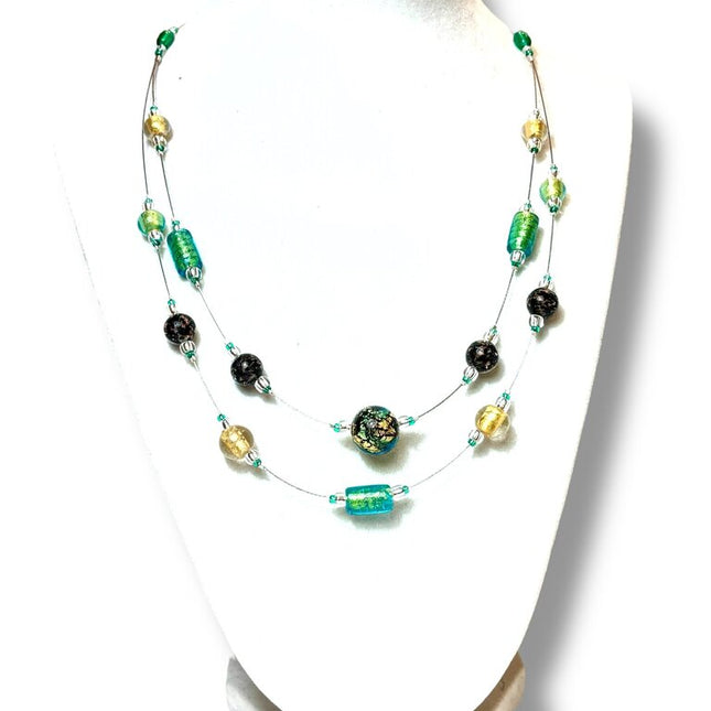 Venetian Glass Necklace - Double - black, gold, copper, seafoam