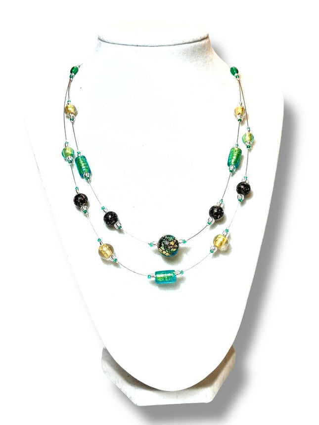 Venetian Glass Necklace - Double - black, gold, copper, seafoam
