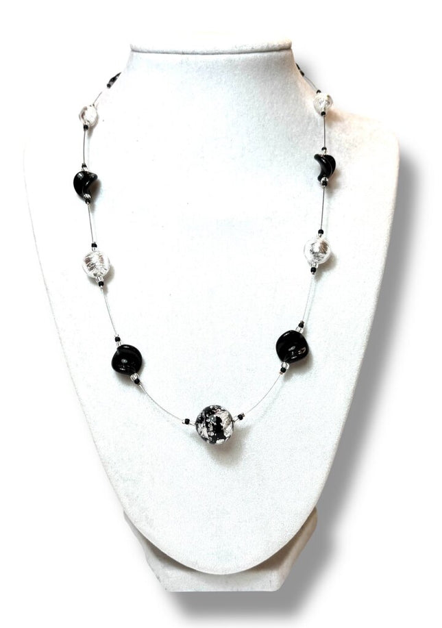 Venetian Glass Necklace - Fl - Black/white/silver 16"