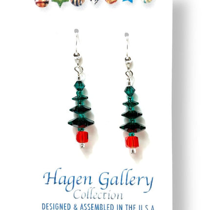Swarovski Crystal Earrings - Trees - Dk Green/red