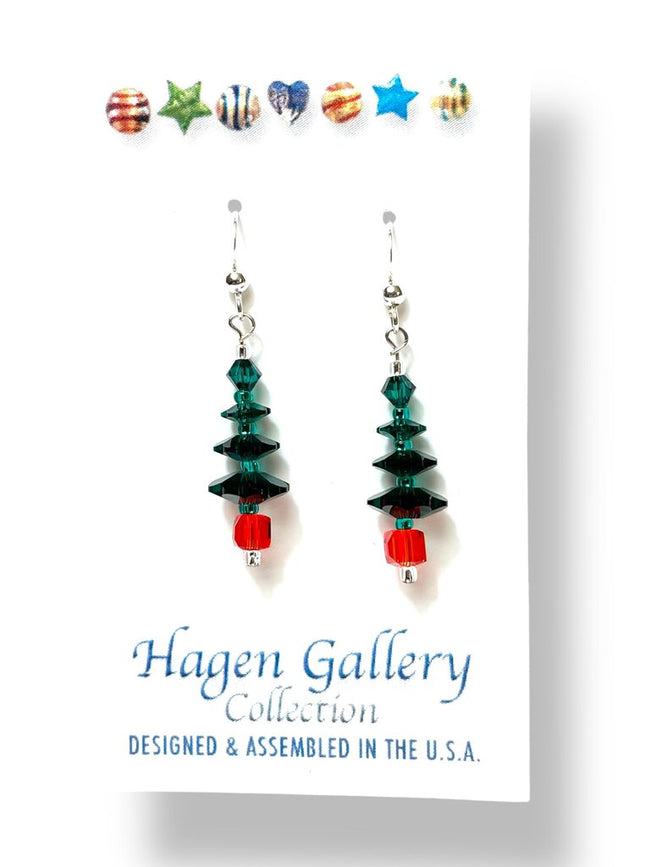 Swarovski Crystal Earrings - Trees - Dk Green/red