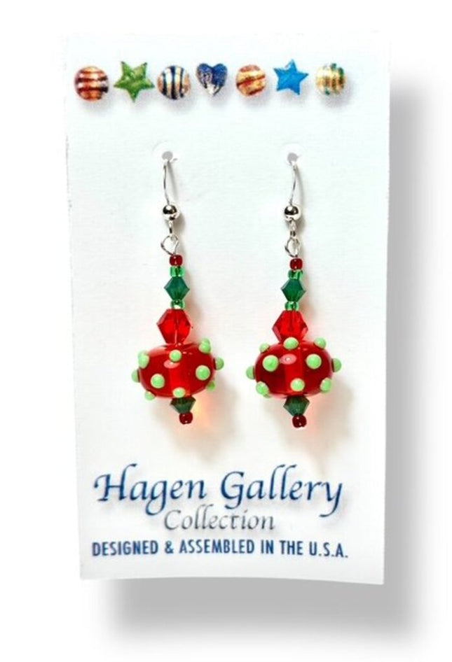 Venetian Glass Earrings - Red w lt Green dots
