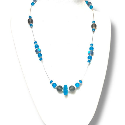 Tumbled Glass Necklace - Ch/Fl - Aqua/Grey