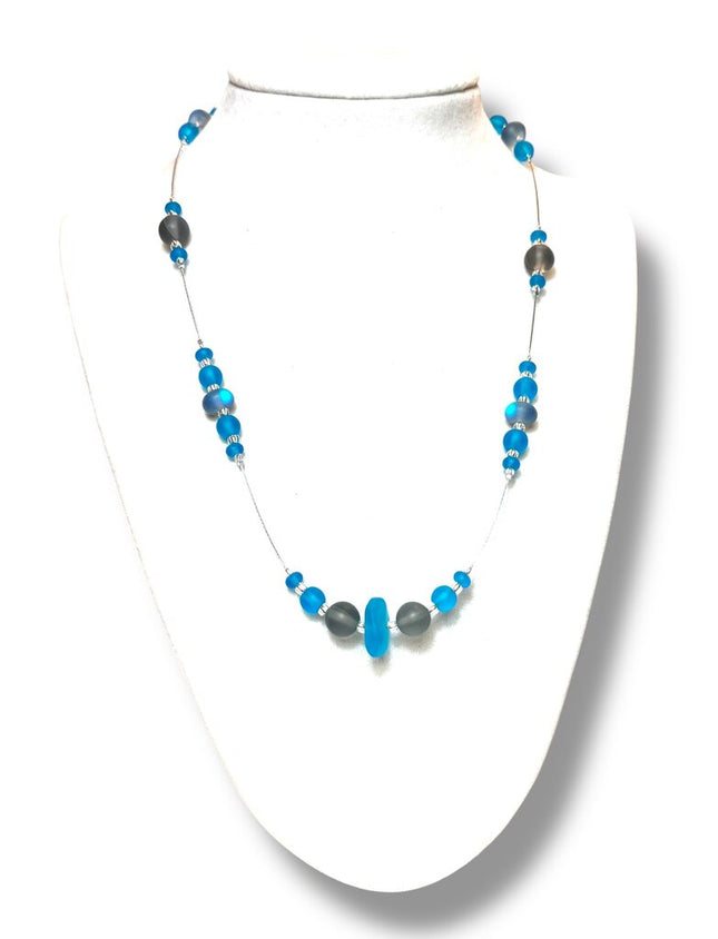 Tumbled Glass Necklace - Ch/Fl - Aqua/Grey