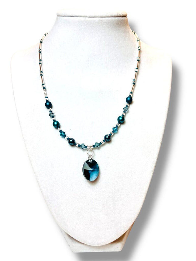 Swarovski Crystal/Pearl Necklace - CtStg Pendant - Teal
