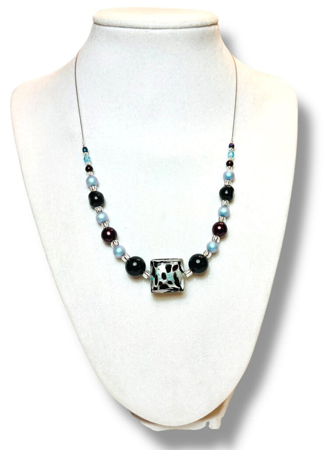 Venetian Glass/Swarovski Pearl Necklace - CtStg - Blk/pur/aq