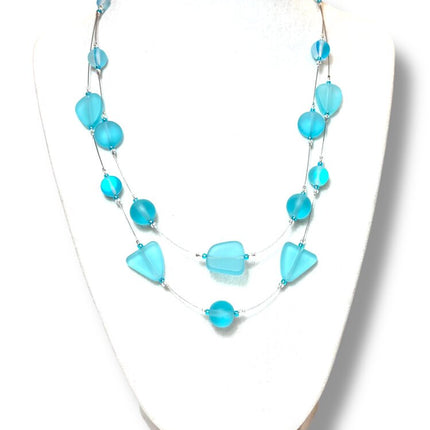 Tumbled Glass Necklace - Dbl - aquas