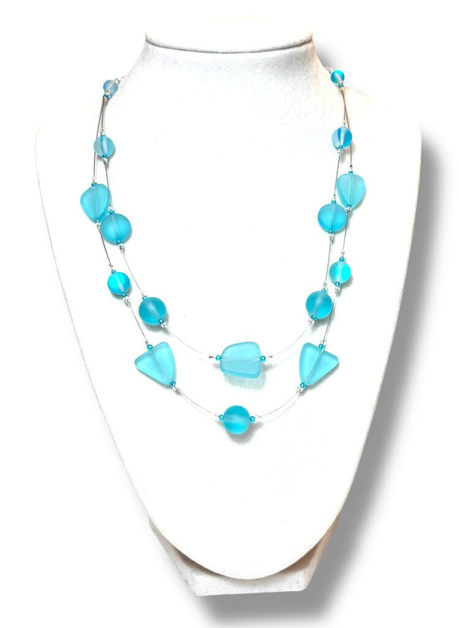 Tumbled Glass Necklace - Dbl - aquas