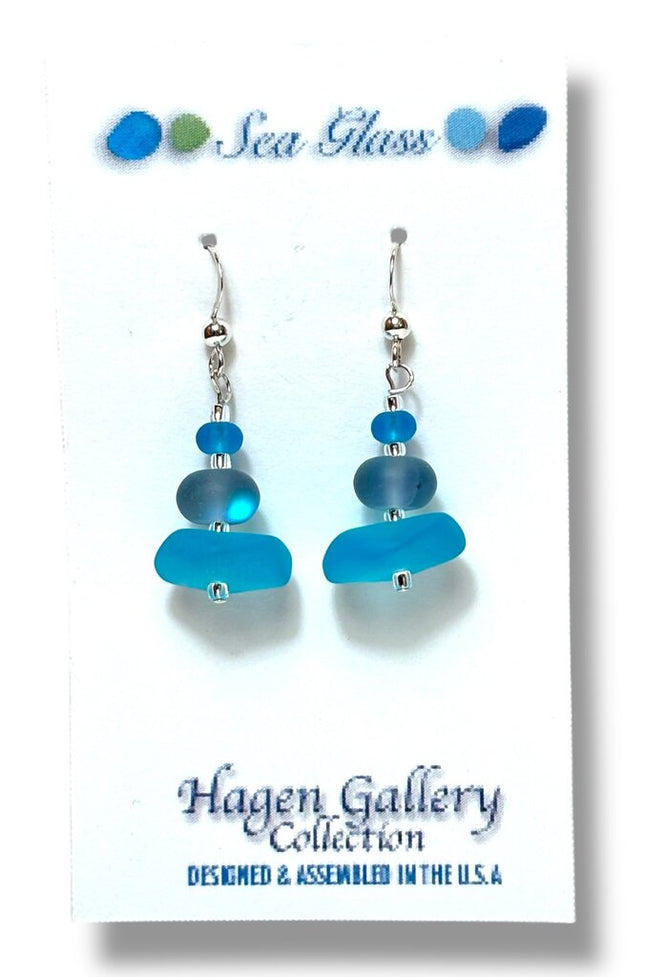 Tumbled Glass Earrings - 3 layer - aquas/Grey