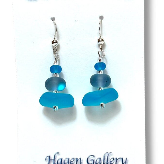 Tumbled Glass Earrings - 3 layer - aquas/Grey