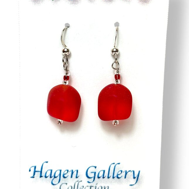 Tumbled Glass Earrings - Nuggets - Red