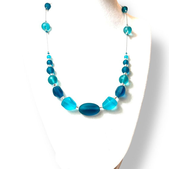 Tumbled Glass Necklace - CH - Teals