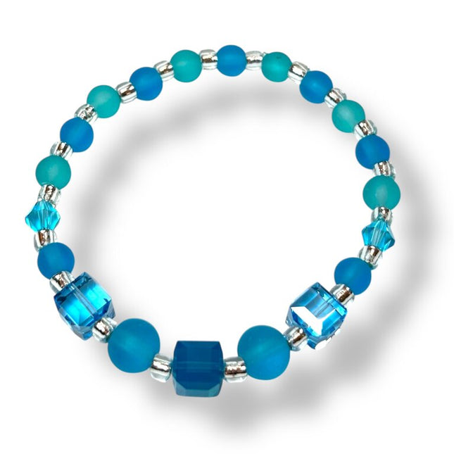 Tumbled Glass & Swarovski Crystal Bracelet - Aqua, teal, & Sea foam