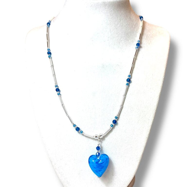 Venetian Glass & Sw Crystal Necklace - Pendant - Dk Aqua Heart