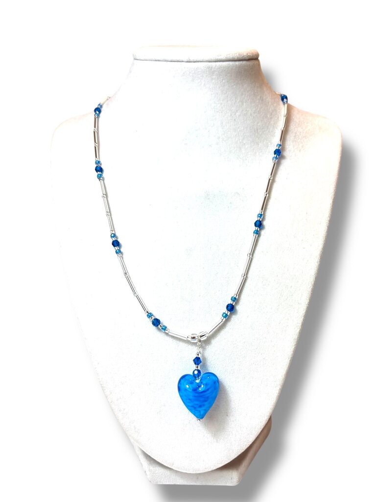 Venetian Glass & Sw Crystal Necklace - Pendant - Dk Aqua Heart