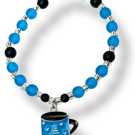 Tumbled Glass Bracelet - Charm - Teal, Blk, mug charm