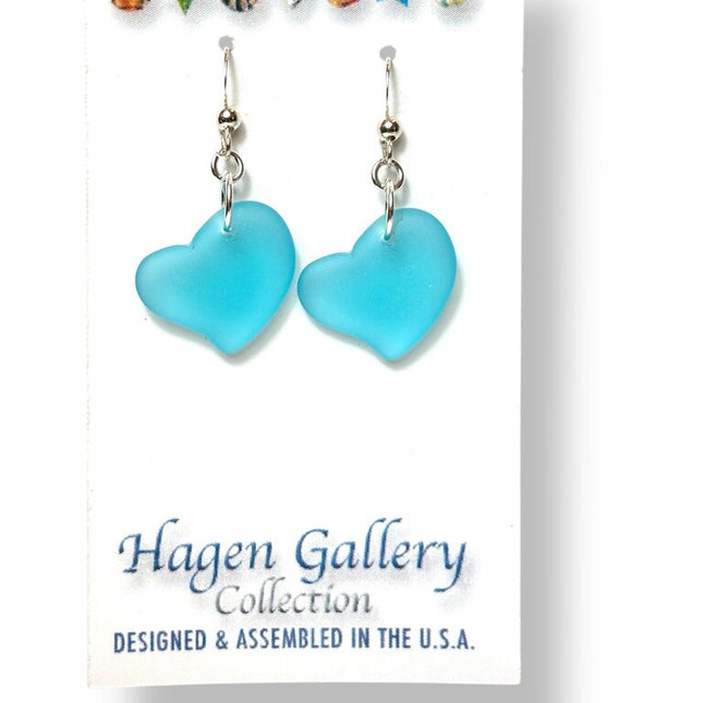 Tumbled Glass Earrings - Hearts - Lg - Aqua