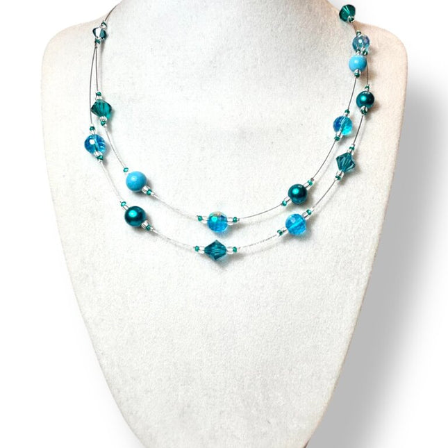 Swarovski Crystal & Pearl Necklace - Dbl - Aquas