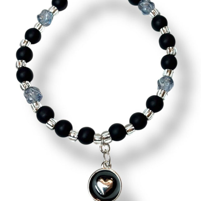 Tumbled Glass Bracelet - Charm - Black w Blk Heart charm