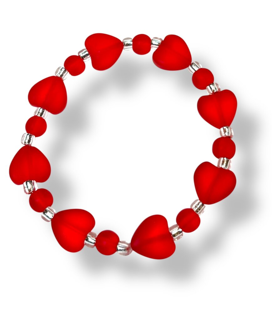 Tumbled Glass Bracelet - Hearts - Red