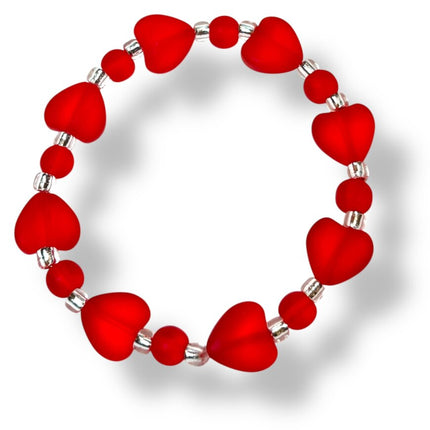 Tumbled Glass Bracelet - Hearts - Red