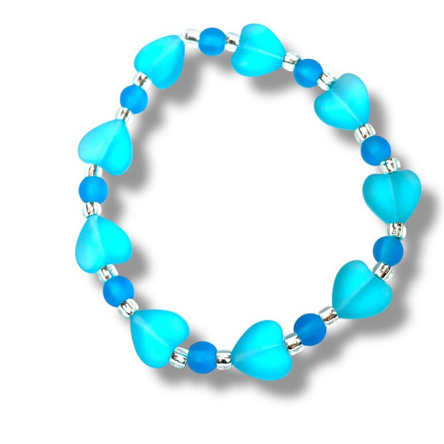 Tumbled Glass Bracelet - Hearts - Aqua & Capri