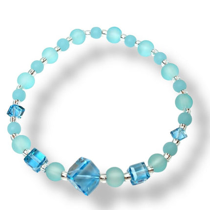 Tumbled Glass & Swarovski Crystal Bracelet - Aqua & Sea foam
