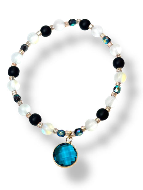 Tumbled Glass & Crystal Bracelet - Charm - Blk/Wht w teal charm