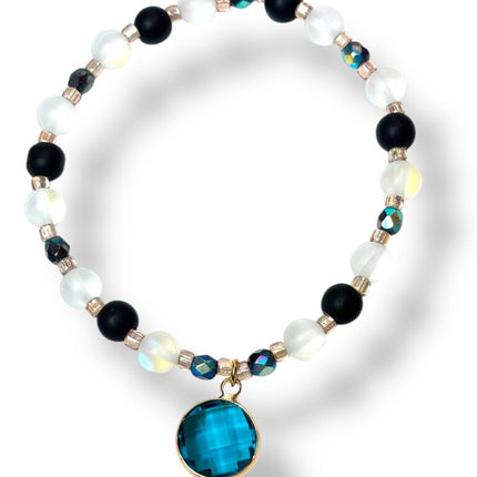 Tumbled Glass & Crystal Bracelet - Charm - Blk/Wht w teal charm