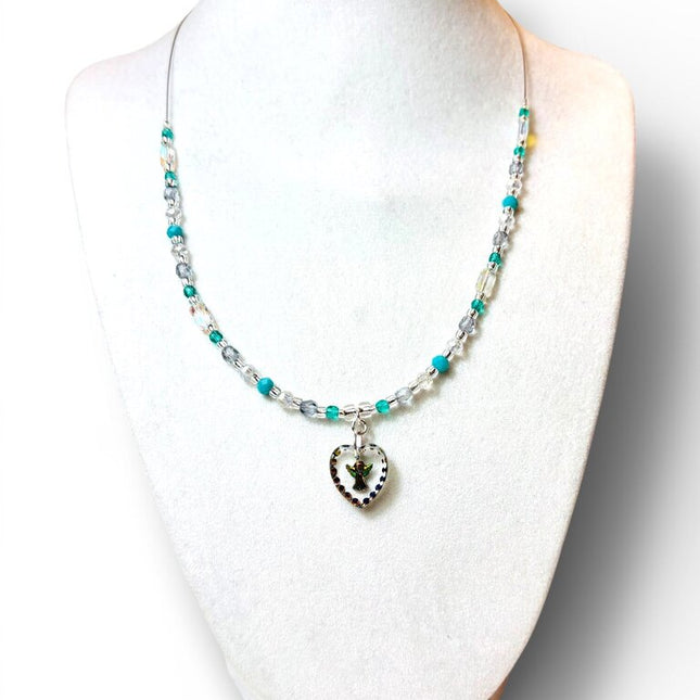 Swarovski Crystal Necklace - Pendant - etched heart, angel, teals