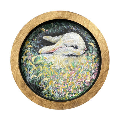 Bunny created using acrylic paint on a wood round