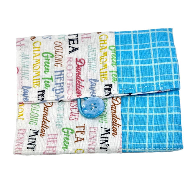 teabag wallet, tea and blue check