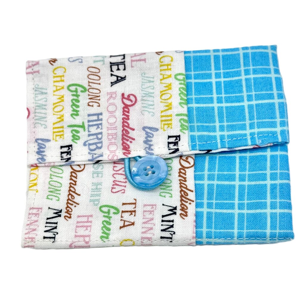teabag wallet, tea and blue check