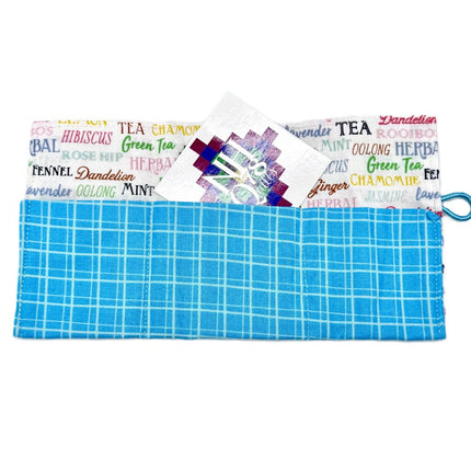 teabag wallet, tea and blue check