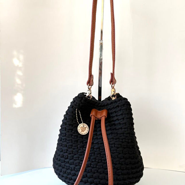 Crochet Round Drawstring Shoulder Purse - Black