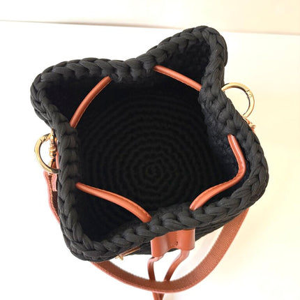 Crochet Round Drawstring Shoulder Purse - Black