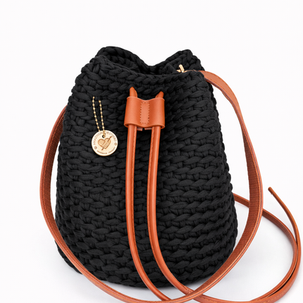 Crochet Round Drawstring Shoulder Purse - Black