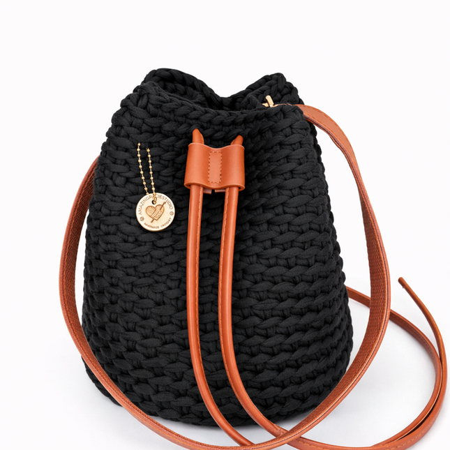 Crochet Round Drawstring Shoulder Purse - Black