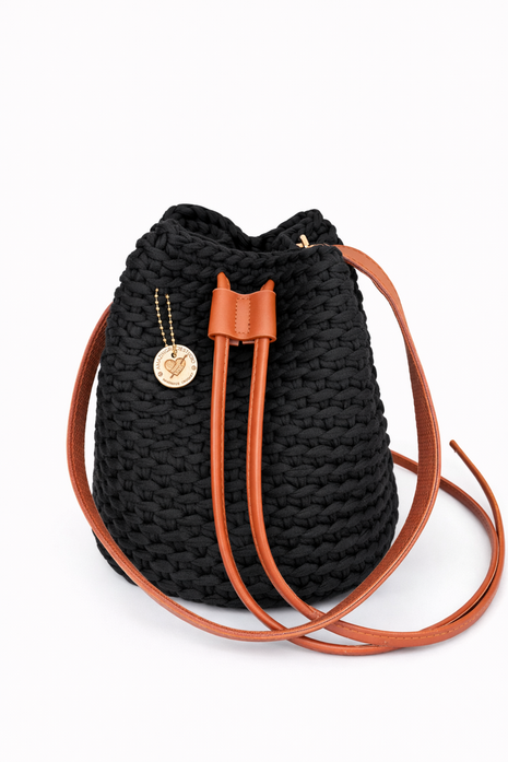 Crochet Round Drawstring Shoulder Purse - Black