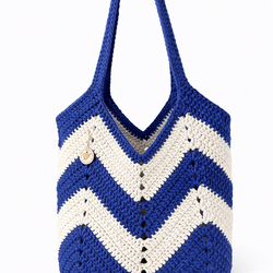 Crochet Tote Boho Bag - Blue Navy & Ivory - view 1