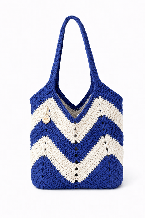 Crochet Tote Boho Bag - Blue Navy & Ivory