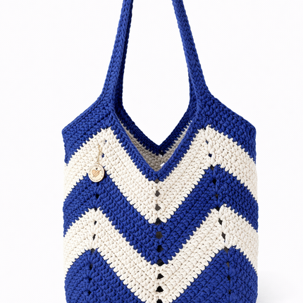 Crochet Tote Boho Bag - Blue Navy & Ivory